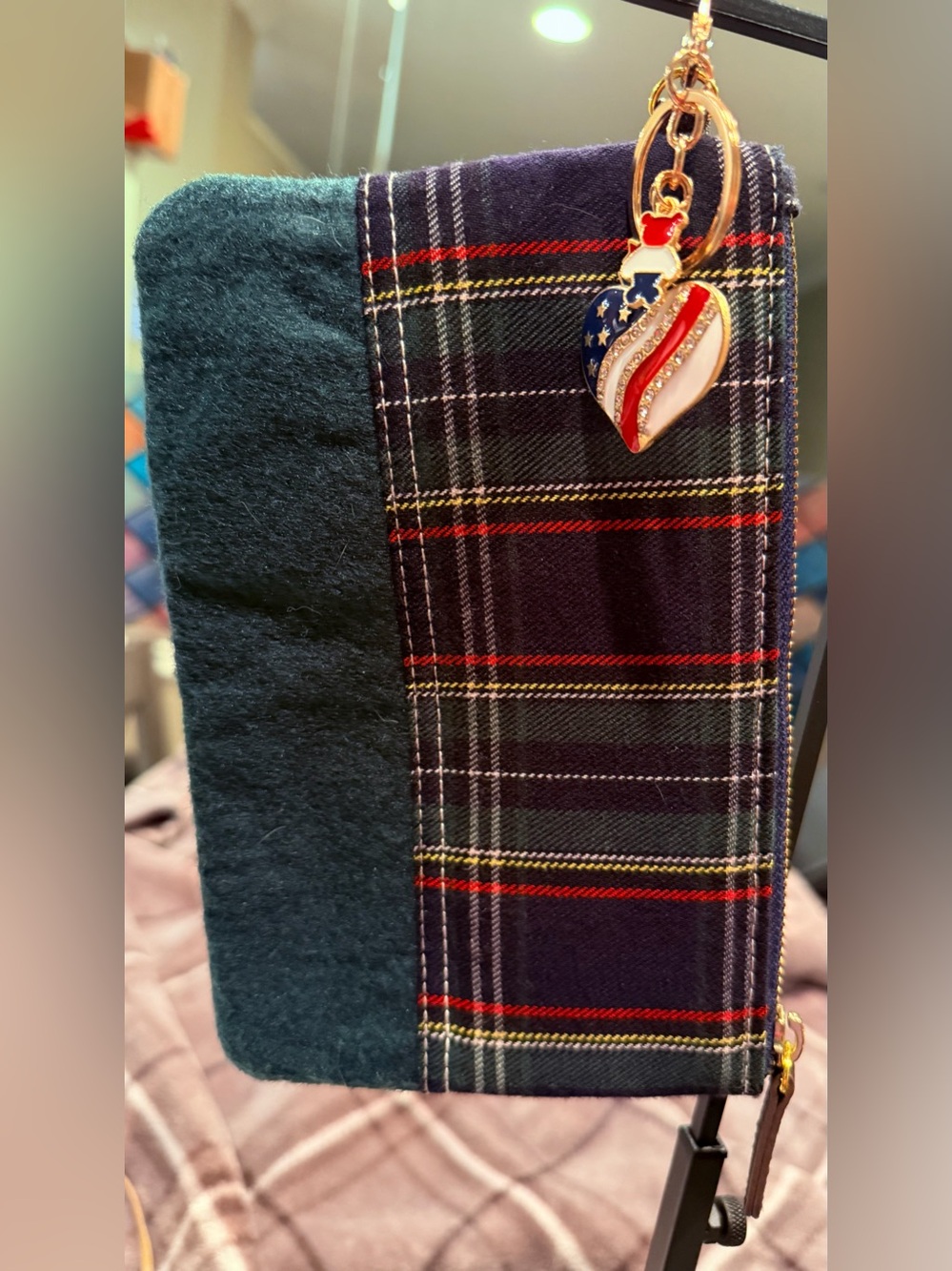 Plaid Pouch with Patriotic Heart Charm - Navy & Green
